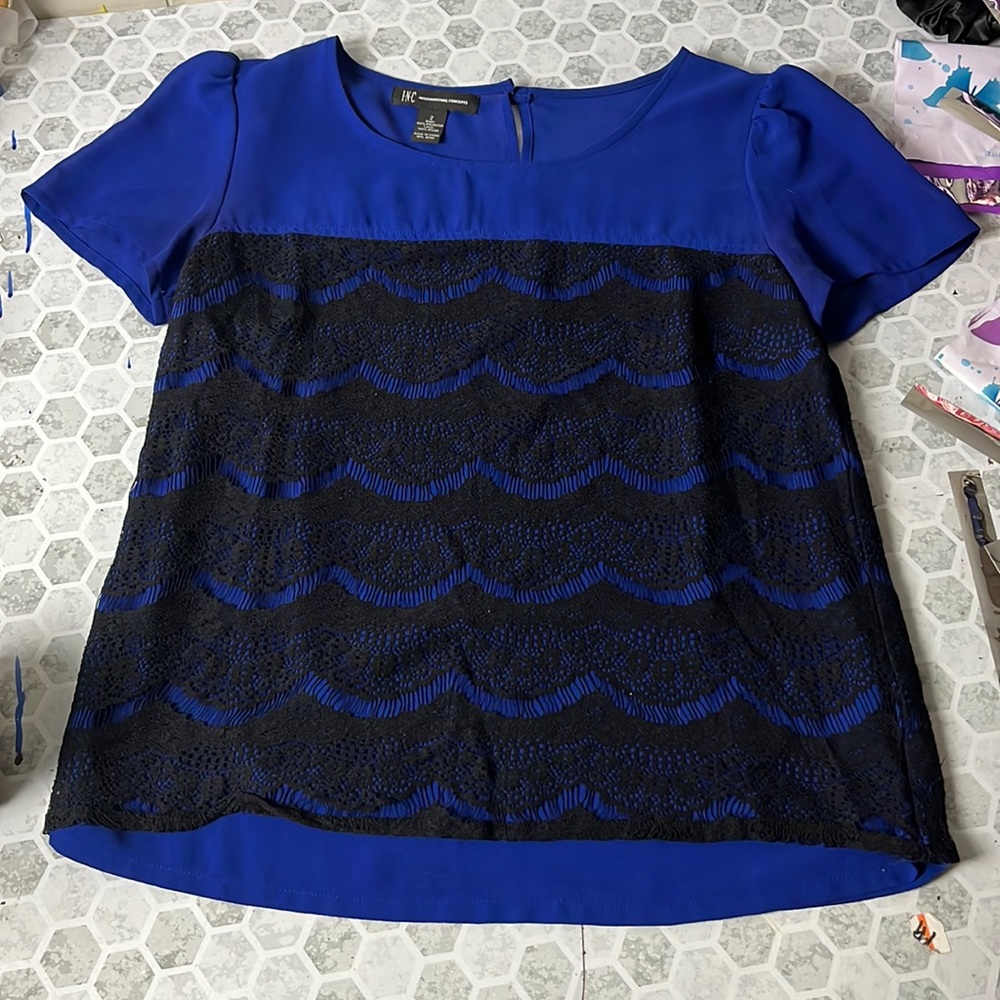 INC Sz 2 Blue Black Lace Short Sleeve Blouse